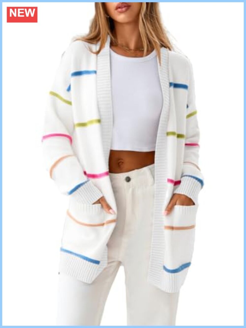 Open Front Striped Knit Cardigan for Women Lightweight Long Sleeve V-Neck